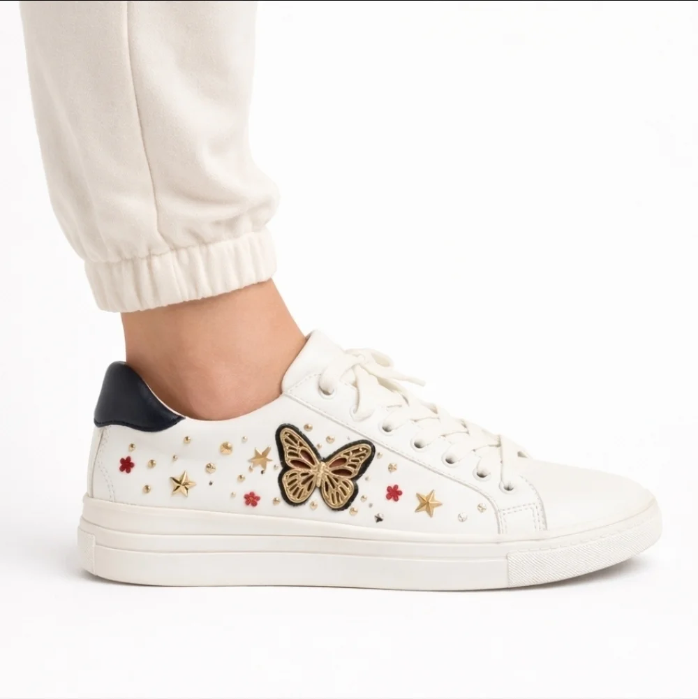 ALDO White Butterfly Embellished Sneakers Gold Studded Size 7 Like New